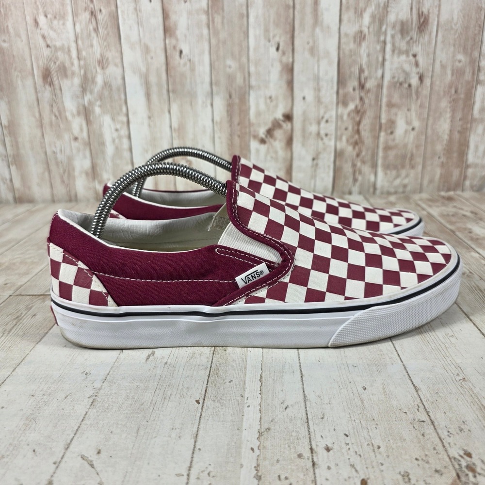Vans Classic Slip-On Burgundy White Checkerboard Canvas Skate Shoes Mens 10